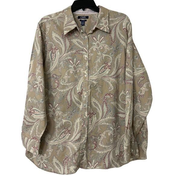 Chaps 100% Cotton Tan Paisley Print Long  Sleeve No Iron Button Down Shirt 2X - Picture 1 of 11